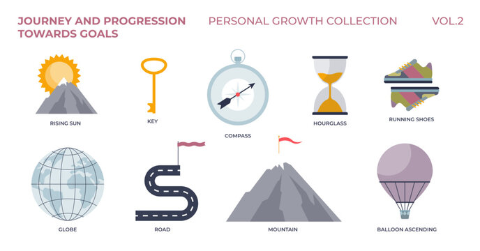 Journey and progression towards goals in personal growth tiny collection, transparent background. Labeled elements with achievements, successful leadership and ambitions illustration.