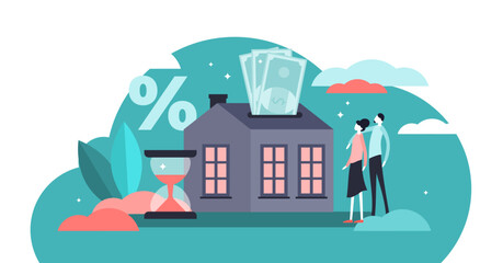 Naklejka premium Mortgage illustration, transparent background. Flat tiny house purchase debt persons concept. Buy real estate and pay credit to bank. Abstract ownership agreement visualization.