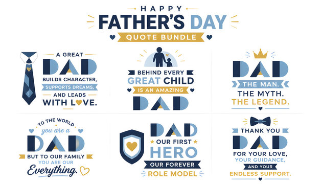 Fathers day quote bundle featuring modern geometric typography and blue gold color palette with father and child silhouettes plus heart icons for greeting cards and creative social media marketing.