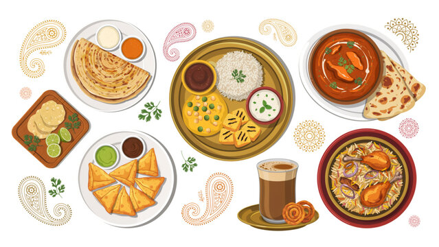 Set of delicious traditional indian food dishes with curry rice naan and samosa in pixel art style