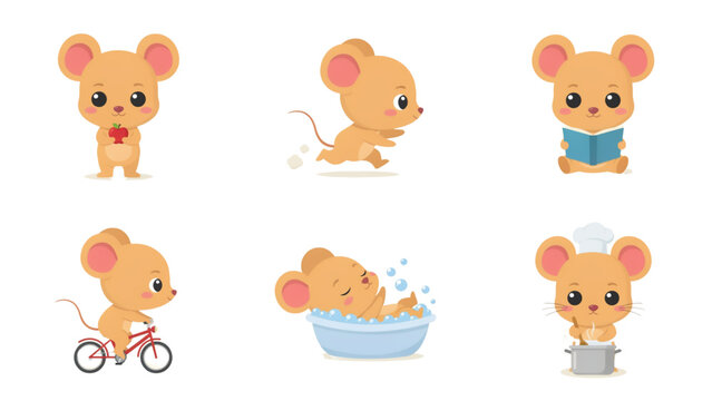 Set of cute pixel art mice characters performing various daily activities like running reading cycling cooking and bathing