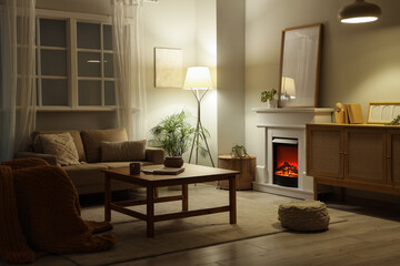 Obraz premium Cozy living room interior with warm lighting, sofa, fireplace, and coffee table for relaxation and home comfort