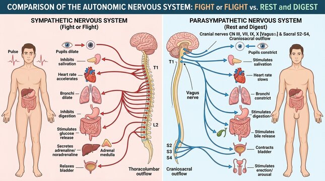 The autonomic nervous system comparison between fight or flight and rest and digest with a man on each side showing the sympathetic and parasympathetic nervous systems