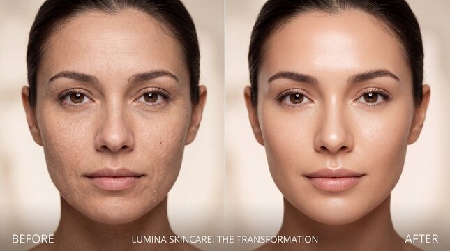 Split face before and after transformation, woman with natural skin on left and smooth, glowing complexion on right, skincare improvement, healthy youthful appearance