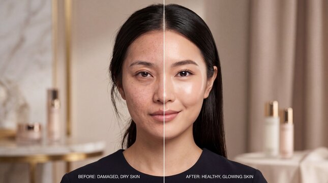 Split face before and after transformation, showing woman with damaged, dry skin on one side and healthy, glowing skin on other, indoor, beauty skincare concept
