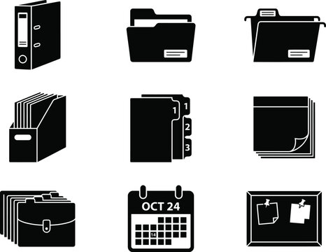 Office document management icons set with folders, binders, calendar, and organizer symbols
