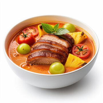 Gaeng Phed Ped Yang Roasted Duck Red Curry Isolated on White Background Square Composition Studio Shot