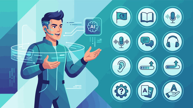 Flat vector illustration of a man with a headset using an AI language translation interface, featuring icons for speech recognition, listening, reading, and global communication.