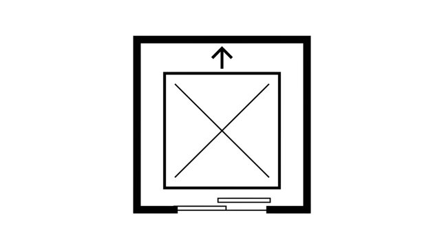 Elevator plan icon, top view, with up arrow and door indication