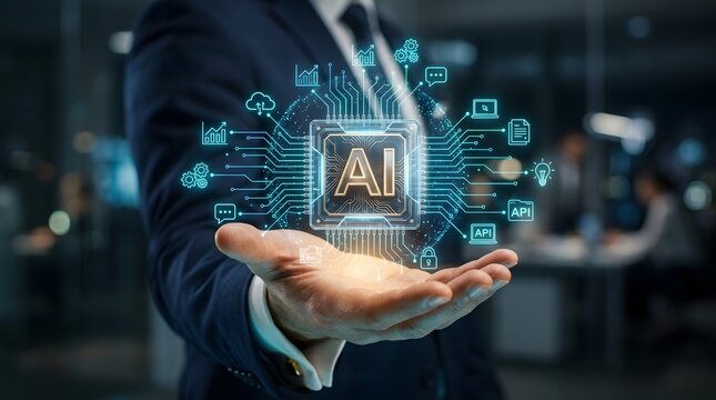 Artificial intelligence chip in outstretched hand futuristic digital illustration