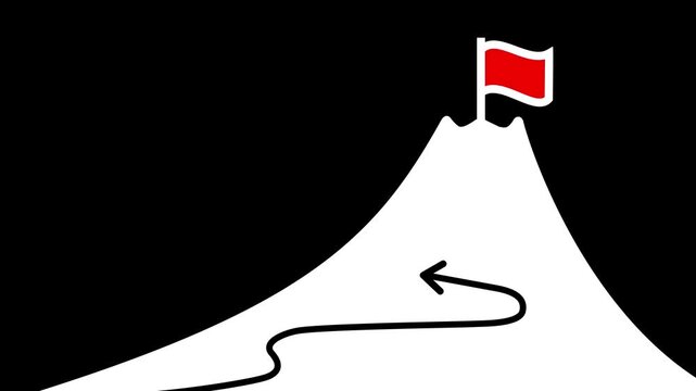 Business goal and success concept. Businessman drawing flag and mountain on chalkboard.4k animation video.