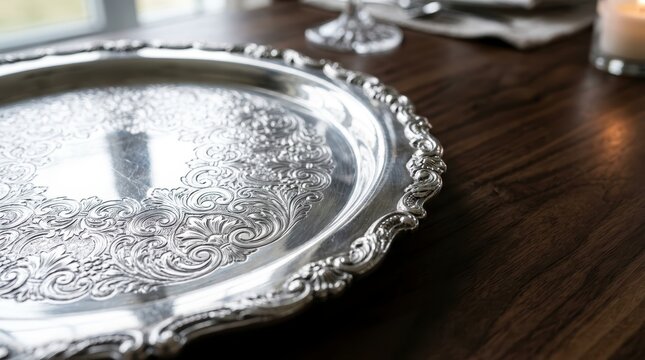 Empty ornate silver serving platter on dark wooden table with soft lighting