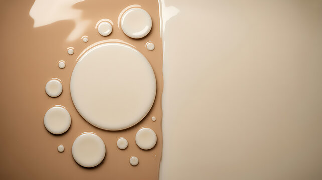 A closeup view of various sized drops of liquid foundation on a beige background with a smooth and shiny texture, showcasing different tones and shades of foundation