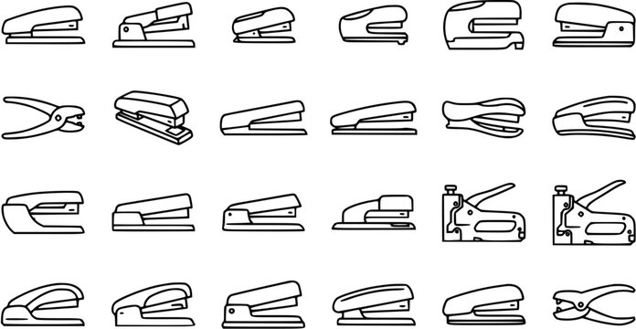 Office Stationery Staplers Line Art Icons Set. Collection of Outline Desktop, Handheld, Plier, and Staple Gun Symbols for Business and School Supplies.