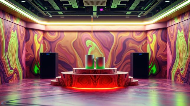 Abstract room features vibrant swirling walls, glowing lights, central platform. Speakers flank space, creating immersive visual experience.