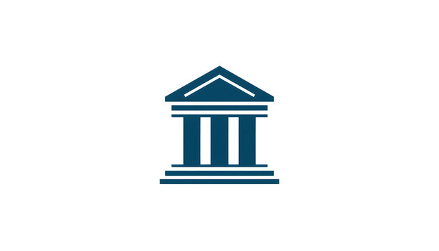 Stylized blue icon of bank building with columns and triangular roof, symbolizing financial institution, trust, security, economy, and commerce, representing government, law, or academic buildings.