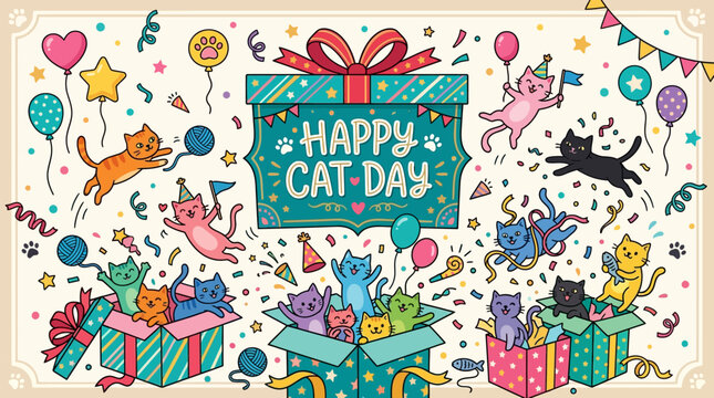 Colorful cartoon cats celebrate joyful holiday with gift boxes balloons and confetti for festive pet day graphics