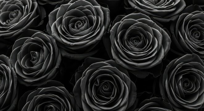 Elegant Black and White Macro Photography of a Dense Bouquet of Dark Roses for Background Texture
