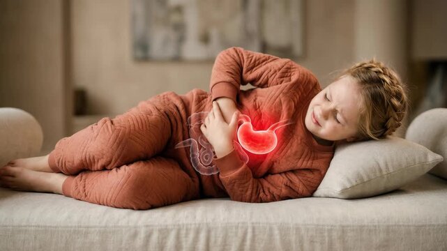 Girl feeling severe stomach pain while lying on sofa. Child suffering from abdominal ache with glowing organ visualization. Medical healthcare stomach illness concept.