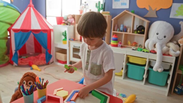 Boy stacking colorful wooden blocks with hands at a classroom table in a preschool building with alphabet banner, tent and plush toys visible; curiosity learning.