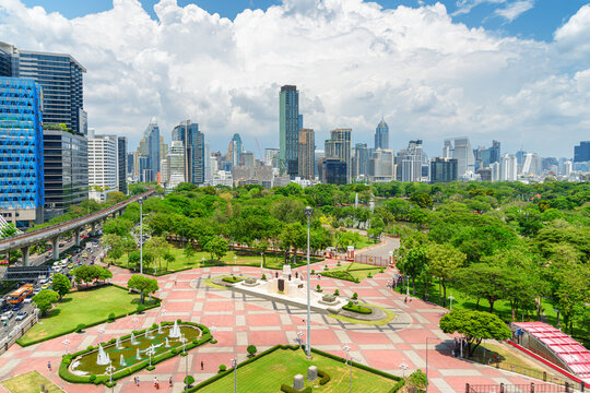 Amazing Bangkok skyline. Awesome aerial view of Lumpini Park
