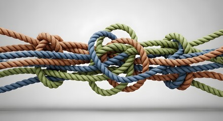 Fototapeta premium Colorful Tangled Ropes Knotted Together Forming Complex Connection, Teamwork Diversity and Collaboration Business Strength Concept