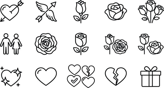 Valentine's Day and Romantic Love Icon Set featuring Hearts, Cupid Arrows, Roses, Couples, Broken Hearts, and Gift Boxes for Wedding Graphic Designs