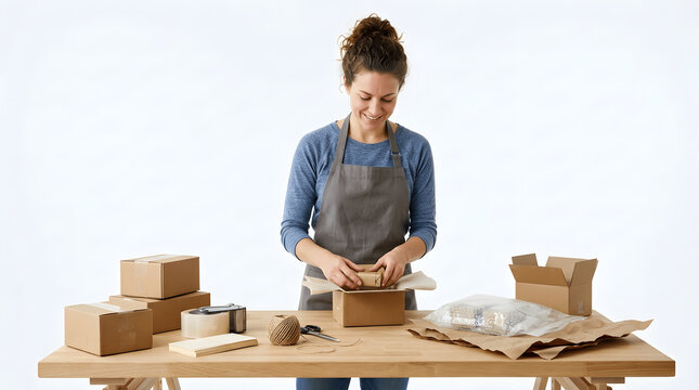A Set of small business owner packing eco friendly parcels at studio table, handmade products shipping preparation with craft packaging supplies, PNG
