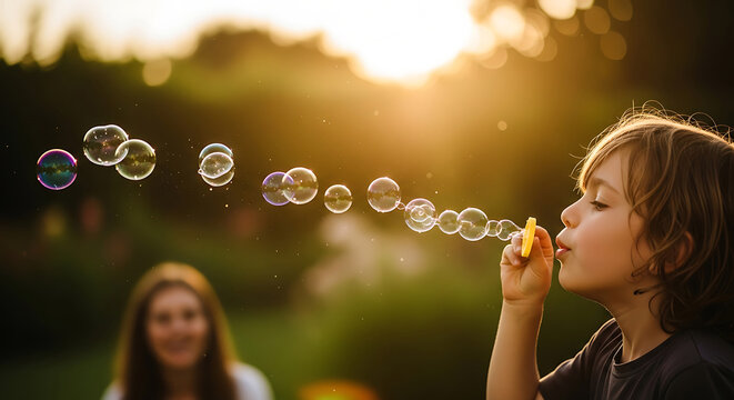 Side view of a cute young boy blowing soap bubbles in a park during warm golden hour sunset with mother blurred