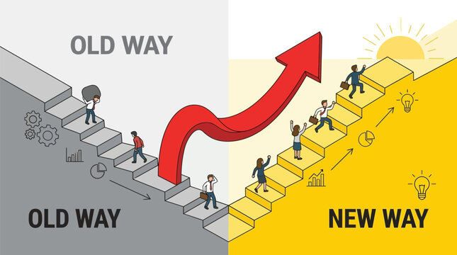 Business professionals transitioning from outdated manual processes to modern digital innovation and success on ascending steps under bright sunlight