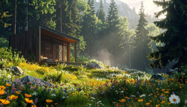 Serene garden retreat with blooming flowers and wooden gazebo.