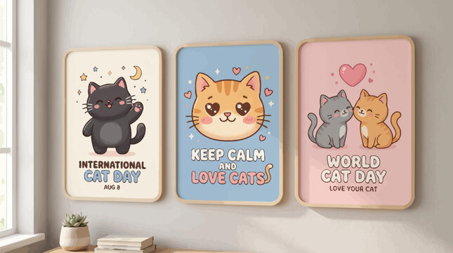 Charming cartoon cat illustrations celebrating international cat day and world cat day with cute designs and heartwarming messages for pet lovers