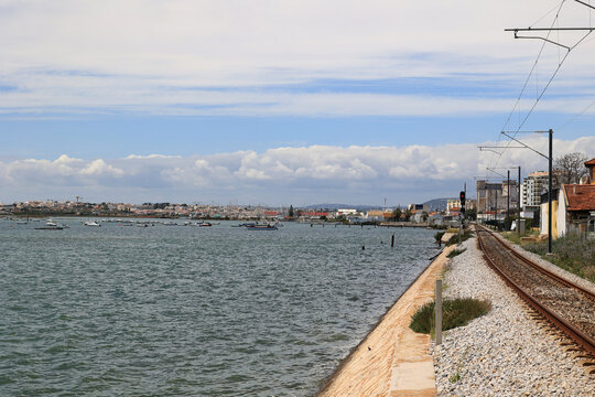 Railway tracks by the sea in the city of Faro, Algarve, Portugal  
