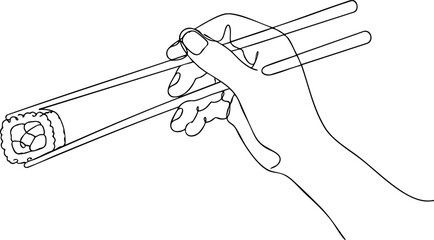Hand holding maki sushi roll with chopsticks line art drawing for restaurant food menu illustration, chopsticks © SHAHNOWZ