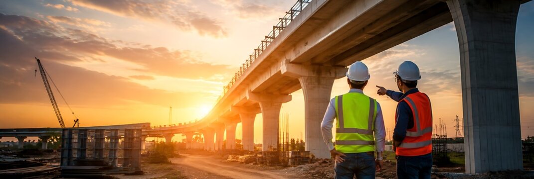 Bridge Construction at Sunset: Two engineers in hard hats and safety vests overlook a massive bridge construction project at sunset, surveying the progress against a dramatic sky.