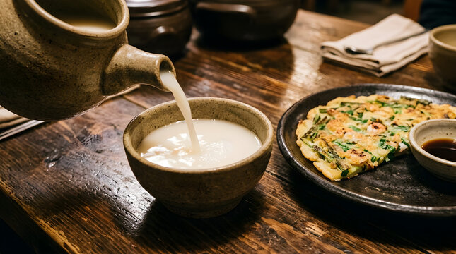 Pouring a traditional Korean fermented beverage into a rustic ceramic bowl, complemented by a savory pancake on a textured wooden table