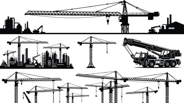 Construction tower crane silhouettes and heavy machinery truck vector emblems isolated on white background in image_a4ba27.png