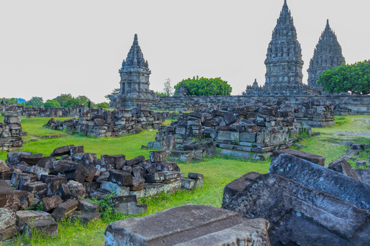 Ancient temple ruins stretch across green grassy terrain at Prambanan Temple. Weathered stone blocks lie scattered in foreground. spires rise against pale sky. Lush tree provides contrast 
