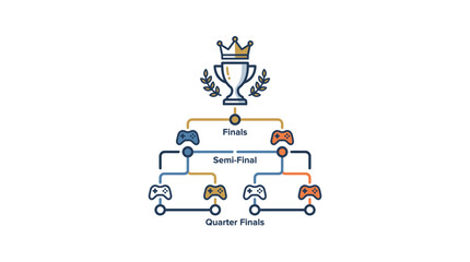 A colorful esports tournament bracket diagram featuring game controllers and a championship trophy. © Jau