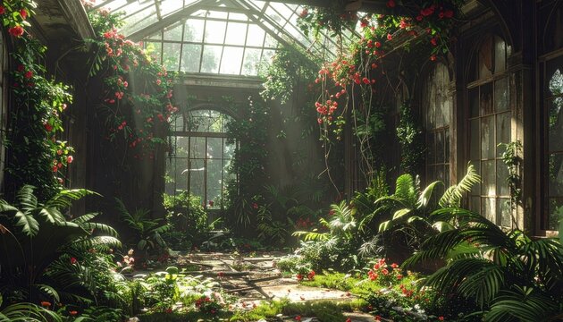 Lush greenhouse interior with tropical plants and sunlight.