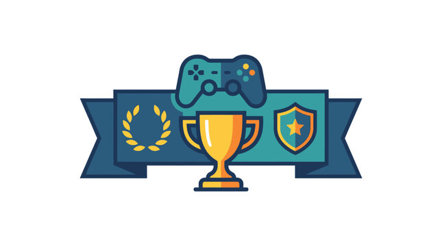Gaming achievement emblem featuring a trophy controller and shield on a ribbon.