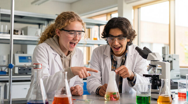 Back to school high school students conducting science experiment excited in laboratory for education magazine cover STEM discovery diversity