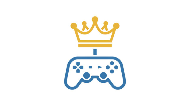 A stylized graphic logo featuring a golden crown resting atop a blue video game controller.