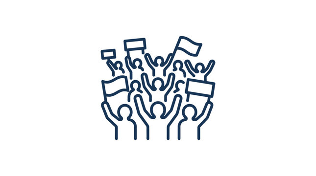 A line art illustration of a crowd of people protesting with signs and flags.