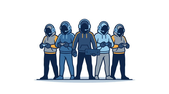 A group of five stylized gamers wearing hoodies and headsets standing together.