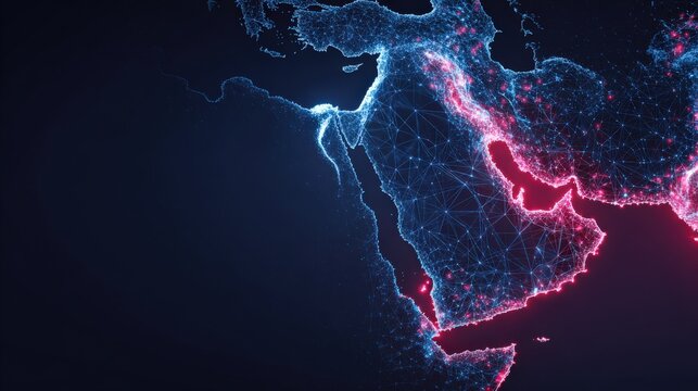 A glowing digital map of the Middle East and North Africa glows with interconnected points of light. ..Created with Generative AI, not depicting real subjects.