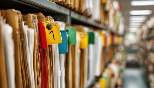 Rows of hanging folders with colorful tabs and numbers in a shelving unit