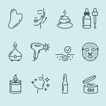 Minimalist line icons set for advanced skincare, beauty tech, and luxury spa. Features aesthetic devices, treatments, skin concerns, and cosmetic packaging. Perfect for clinics, salons, and bloggers.