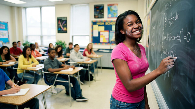 Back to school confident high school student solving math problem on blackboard smiling in classroom for education promotion learning achievement success