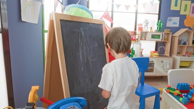 Boy draws on a chalkboard and inspects colorful building blocks on a table inside a playroom building; curiosity imagination.